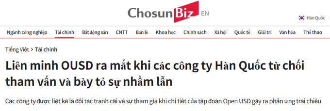 A ChosunBiz news article with the Vietnamese headline 'Liên minh OUSD ra mắt khi các công ty Hàn Quốc từ chối tham vấn và bày tỏ sự nhầm lẫn' under the Finance category.