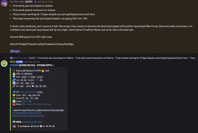 A Discord chat screenshot showing a user "ton the neko" promoting a memecoin launchpad on Solana called $STONK with the contract address 6GmAFSVs4pK3rFDao5Fzzy0GpPZalWa4rLUHaccpNgNX, paired with a DexScreener embed displaying a ~$1.5M market cap and a PumpFun link. The accompanying post context indicates this was a 20x conviction call as the market cap reached a 10M ATH.