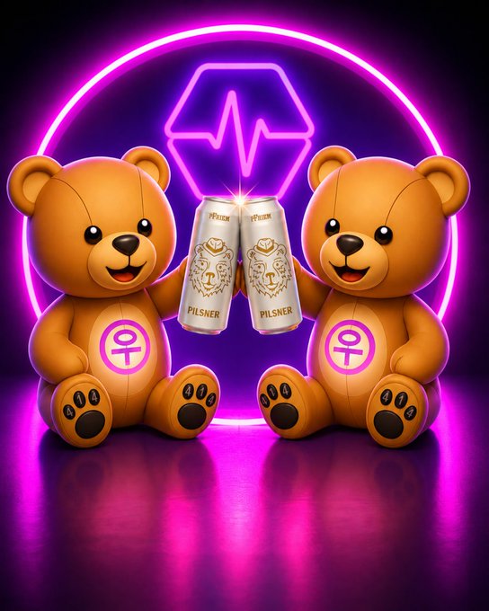 The image features two teddy bears sitting next to each other with their arms raised high in a toast. The background of the image is purple neon lights that create an energetic atmosphere. The caption below the image reads "@PfriemBeer just giving a shout out. The Teddy $BEAR community on #Pulschain has some fam that visits your pub. We share a love for Bears/Beers. Here is a toast to your amazing taste. Hit us up for some collab, Cheers!".