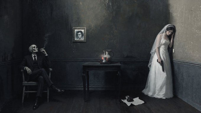 A dark, moody painting depicts a grim wedding scene with a skeleton in a black suit smoking a cigarette seated on the left, and a weeping bride in a white dress holding a gun on the right.