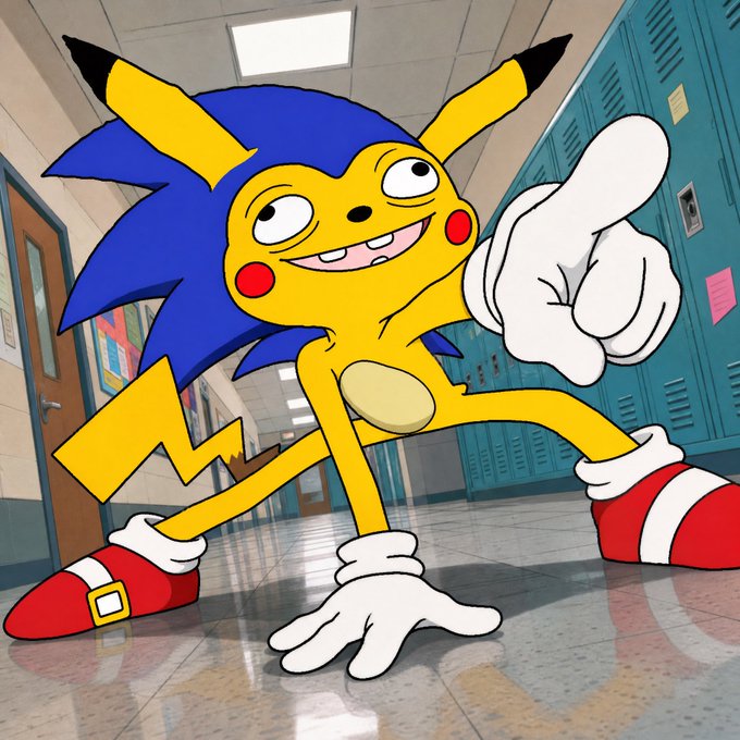 A cartoon character resembling Pikachu with blue Sonic-like hair stands in a school hallway, pointing toward the viewer.