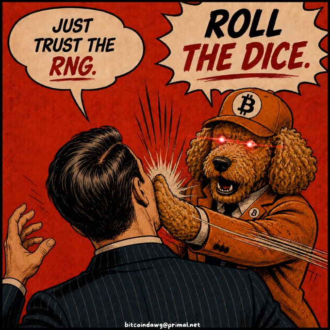 A comic-style illustration of a brown dog wearing a Bitcoin-logo cap and suit slapping a man, with speech bubbles reading 'JUST TRUST THE RNG.' and 'ROLL THE DICE.' on a red background.
