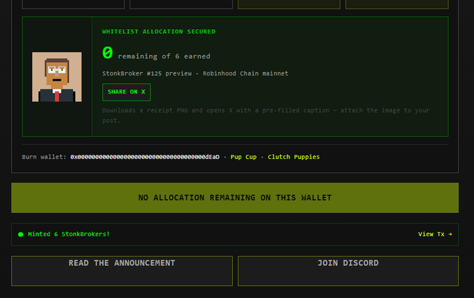 A green-themed crypto/NFT website interface showing 'WHITELIST ALLOCATION SECURED - 0 remaining of 6 earned' for StonkBrokers #125 preview on Robinhood Chain mainnet, with a pixel art character and 'NO ALLOCATION REMAINING ON THIS WALLET' message.