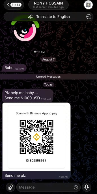 The image shows a Telegram chat with someone named "Babu" (last seen 5 minutes ago) directly asking "Plz help me baby.... Send me $1000 USD" along with a Binance QR payment code (ID 802858561), illustrating the post's complaint about scammers escalating from small "gas money" requests to outright demands for $1,000.