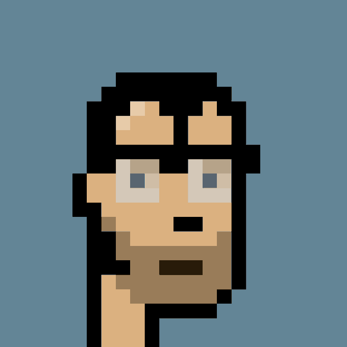 A pixel art portrait of a man with dark hair, tan skin, and stubble against a blue background, representing CryptoPunk #2789 in a new collection.