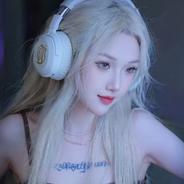 A young woman with long platinum blonde hair wears a white gaming headset with a gold logo, along with a visible chest tattoo, channeling the "JACKET 小师妹" persona referenced in the post about promoting the $JACKET token and its 72-hour wear requirement. The headset and edgy styling visually reinforce the post's playful theme of fully committing to the character role.