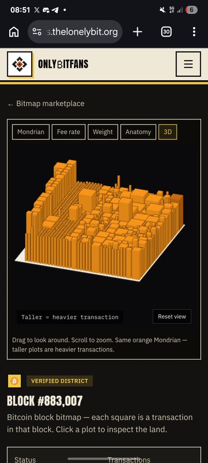 A mobile screenshot of onlybitfans.org showing a 3D orange Mondrian-style bitmap visualization of Bitcoin block #883,007 transactions, where taller plots represent heavier transactions.