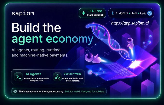 A promotional banner for 'sapiom' with the headline 'Build the agent economy' at https://app.sapiom.ai, offering 15$ Free to start building with AI Agents, X402, and USDC, highlighting features like 'Autonomous. Composable. Ready to scale.' and 'Open, verifiable, and interoperable'.