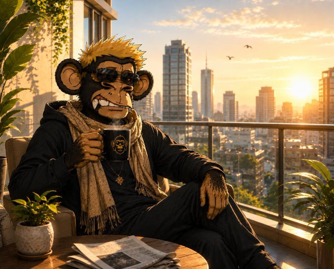 A stylized anthropomorphic monkey with blonde hair, sunglasses, and a Bored Ape-style appearance sits on a balcony at sunset, holding a black mug with a skull logo while wearing a beige scarf and dark hoodie.