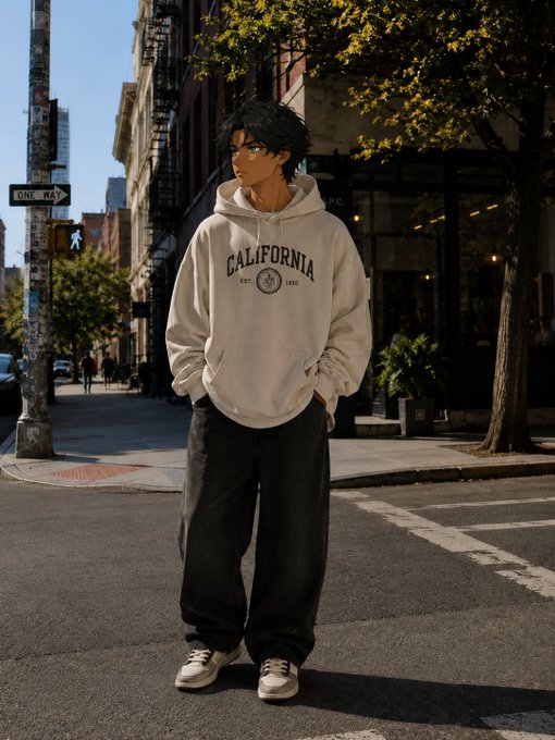 The image features a man standing on a street, wearing a California hoodie and black pants with white shoes. The photo has been edited to include text that reads "gm it' s Saturday, and the air is chill you touching grass? I' m also present on the @timesoulcom × @BingXOfficial campaign. weekends are great to practice mindfulness and timesoul bridges that with crypto. have a blast." This post seems to be promoting mindfulness or meditation practices during the weekend, as it includes an image of the man posing in front of a building while wearing his hoodie.