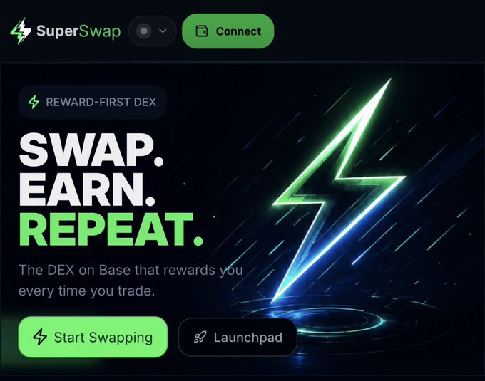 A website screenshot for 'SuperSwap', labeled 'REWARD-FIRST DEX' on Base, with the tagline 'SWAP. EARN. REPEAT.' and buttons for 'Start Swapping' and 'Launchpad'.
