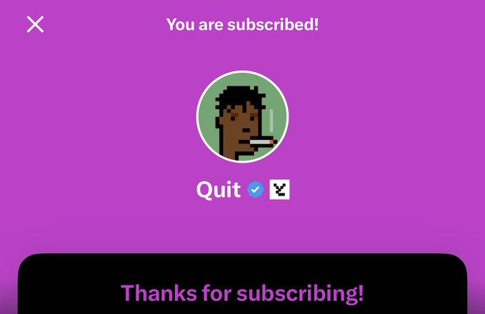 A subscription confirmation screen on a bright magenta/pink background featuring a pixel-art avatar smoking, the username 'Quit' with a verified badge, and a 'Thanks for subscribing!' message.