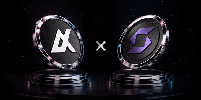Two cryptocurrency coins displayed on pedestals with an 'x' between them, suggesting a partnership or exchange between the two projects.