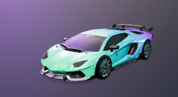 A 3D rendered sports car with an iridescent mint-green and purple gradient finish, featuring a prominent rear spoiler, set against a purple background.