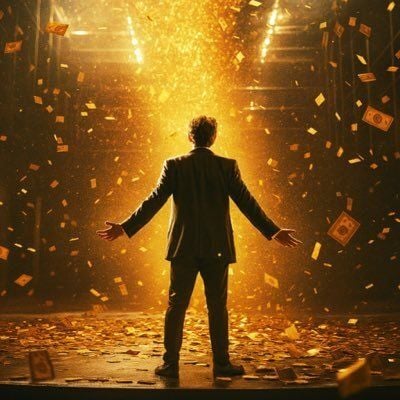 An artistic rendering of a man in a suit standing with arms outstretched as gold coins fall around him under bright golden lights.