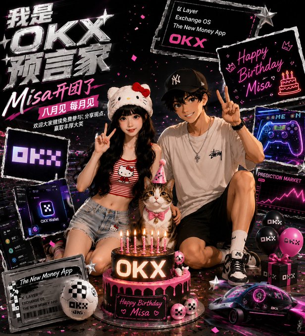 A vibrant birthday-themed promotional poster for OKX featuring a young couple with a cat, a Hello Kitty character, a birthday cake with 'OKX' written on it, and Chinese text celebrating 'Misa' with references to OKX Wallet and the new X Layer Exchange OS.