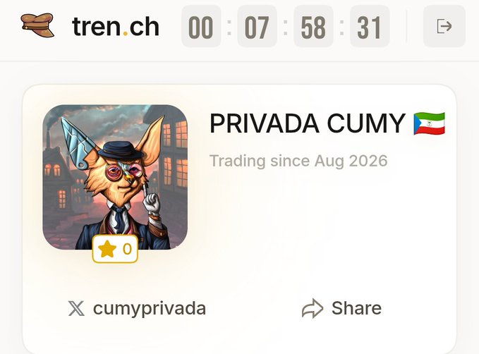 A user profile page on tren.ch showing the account 'PRIVADA CUMY' with an Iranian flag, trading since Aug 2026, and the X handle @cumyprivada.