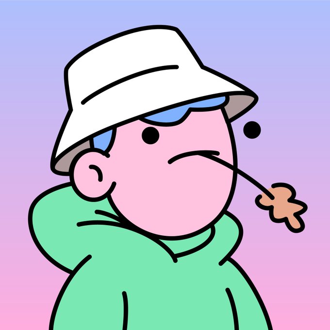 A cartoon illustration of a pink-skinned character wearing a green hoodie and beige bucket hat, with blue hair and a somewhat grumpy expression.