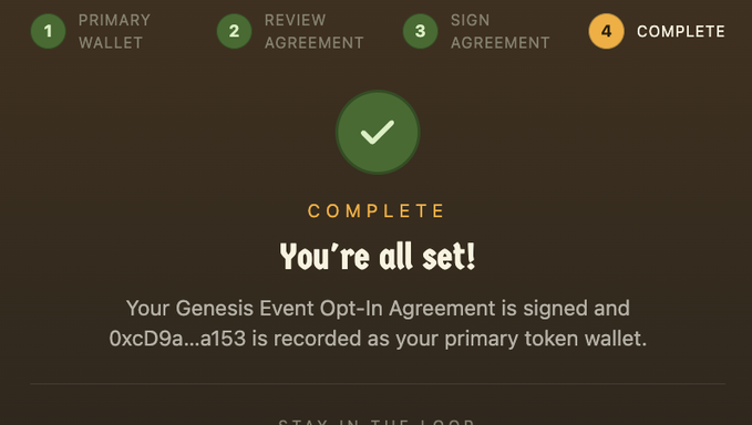 The image shows a "COMPLETE" confirmation screen for signing a Genesis Event Opt-In Agreement, displaying the wallet address 0xcD9a...a153 as the recorded primary token wallet, with the post guiding users to connect all wallets (Founder NFTs) at lobby.cambria.gg/token/ to claim the $RSGP airdrop.