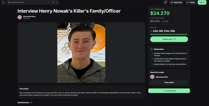 The image displays a computer screen with a webpage featuring an interview request for Henry Nowak's Killers Family officer. The interviewer has chosen this individual to conduct an interview, which is currently being offered for $24,870 (or 24,270) in Bitcoin currency. This amount includes a one-time fee of 10% and the payment is due within a week after the submission of the interview request. In addition to these charges, there are three different bonus payment options: 25 cents per mile if the interviewer travels more than 30 miles, $5 per hour for every hour spent on the interview, or $0 per mile if the interview lasts less than an hour.