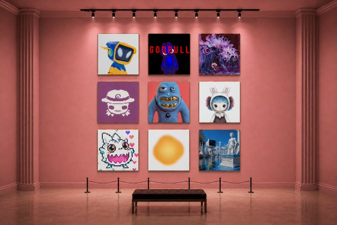 A pink-walled art gallery displaying a 3x3 grid of nine colorful digital art and character designs above a black bench.