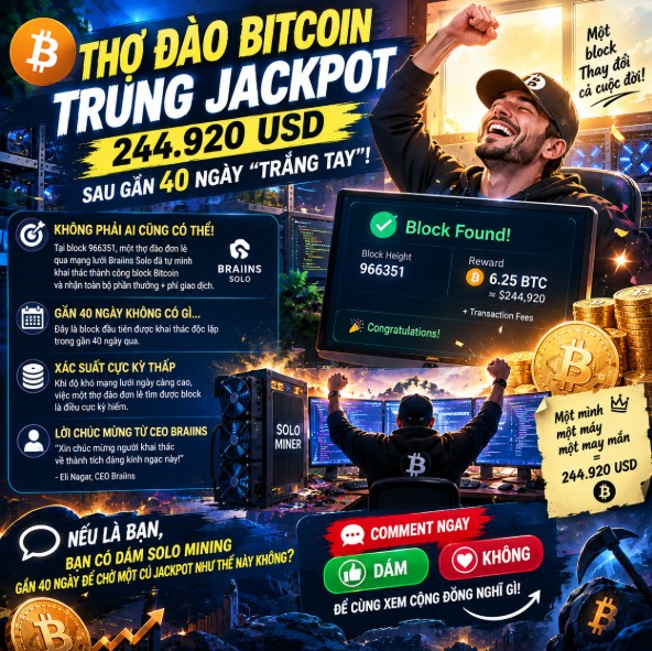 A Vietnamese promotional graphic announcing a Bitcoin mining jackpot of $244,920 USD won by a solo miner after nearly 40 days, credited to BRAIINS SOLO.