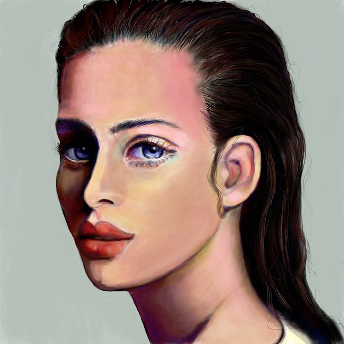 A close-up portrait painting of a woman with dark, wet-looking hair, blue eyes, and red lips, rendered with smooth, colorful shading against a grey background.