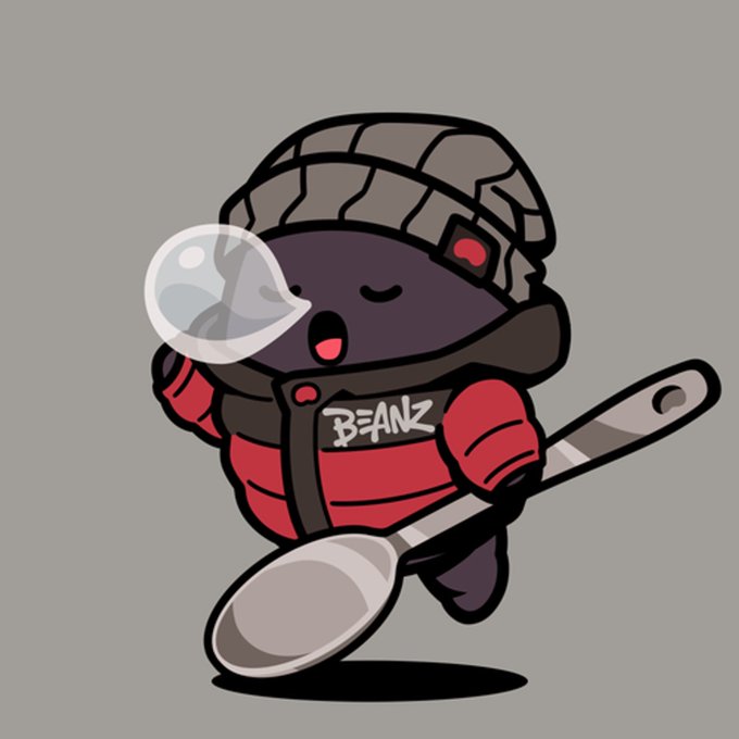 A cartoon character with a dark complexion wearing a beanie and a red jacket with 'BEANZ' on it, blowing a bubble and holding a large spoon.