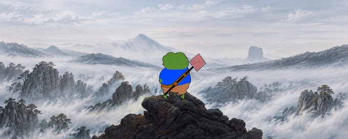 An animated frog character wearing a blue shirt and holding a butterfly net stands atop a rocky peak overlooking a misty, mountainous landscape reminiscent of traditional Chinese scenery.