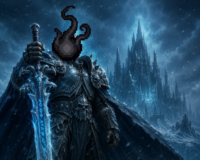 A dark fantasy figure in spiked armor wields a glowing blue runic sword before a gothic ice castle, while a pixel-art poop emoji obscures the face—humorously undercutting the ominous "Gm" (good morning) greeting.