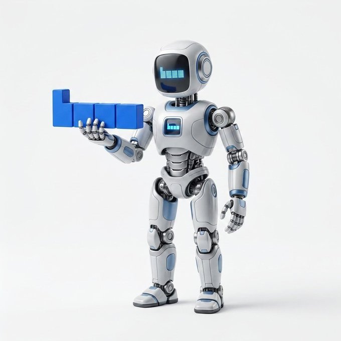 A white and blue humanoid robot holding a blue block with an L-shape, featuring a digital blue face display against a white background.