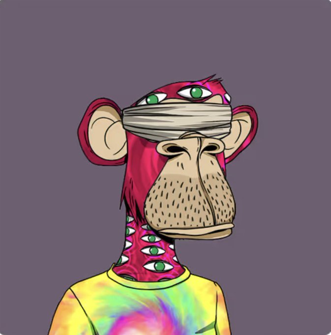 The image features a cartoon monkey with green eyes, wearing a bandana over its eyes and a tie-dye shirt. The monkey appears to be looking at something off-camera or out of focus. The caption "BAYC follows BAYC. bayc.com/taste" suggests that the post is related to Bayc's website, where the image has been shared.