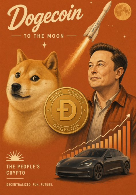 A retro-style promotional poster titled 'Dogecoin TO THE MOON' featuring the Doge Shiba Inu, Elon Musk, a SpaceX rocket, a rising stock chart, a Tesla car, and a large Dogecoin coin, with text reading 'THE PEOPLE'S CRYPTO' and 'DECENTRALIZED. FUN. FUTURE.'