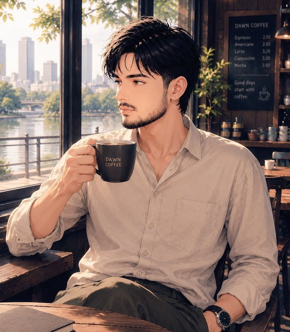 A digital illustration of a man with dark hair and a light beard sitting in a coffee shop, holding a 'Dawn Coffee' mug, with a menu board in the background showing Espresso, Americano, Latte, Cappuccino, and Mocha.