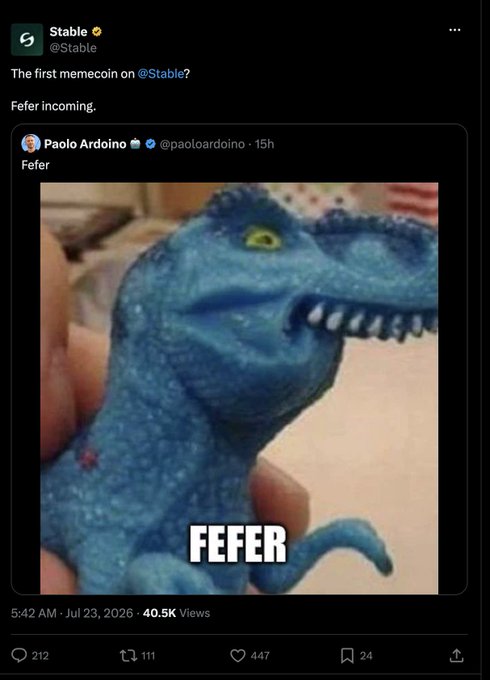 Tweet from @Stable announcing 'The first memecoin on @Stable? Refer incoming,' quoting Paolo Ardoino's post with a blue dinosaur meme captioned 'FEFER'.