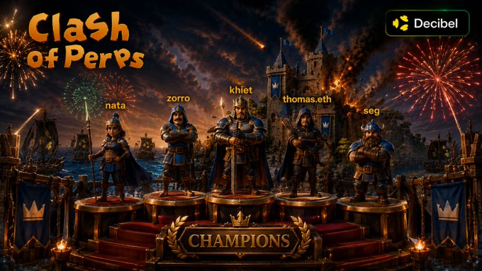 A fantasy 'Clash of Perps' themed image by Decibel featuring five crowned champions labeled 'nata', 'zorro', 'khiet', 'thomas.eth', and 'seg' standing on podiums.
