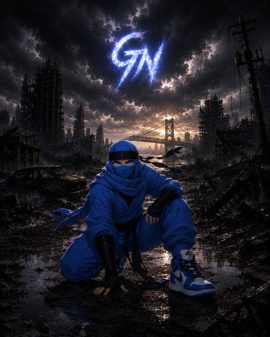 A ninja-clad figure crouches in a post-apocalyptic wasteland beneath stormy skies featuring a glowing "GN" (good night) logo and a distant bridge, embodying the grind mindset with a sly, masked gaze that mirrors the post's call to sleep like kings and prepare for tomorrow's hustle.