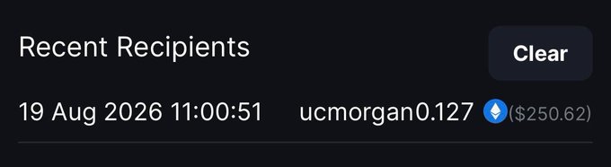 A "Recent Recipients" interface displays a transaction entry showing a $250.62 ETH transfer from ucmorgan0.127 on 19 Aug 2026 at 11:00:51, with a Clear button in the top right corner. The image confirms receipt of the congratulatory $250 payment mentioned in the post.