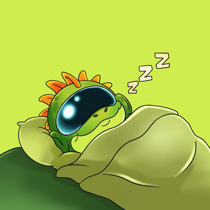 A cartoon illustration of a green alien-like creature with orange spikes on its head sleeping under a blanket with "Zzz" floating above it.