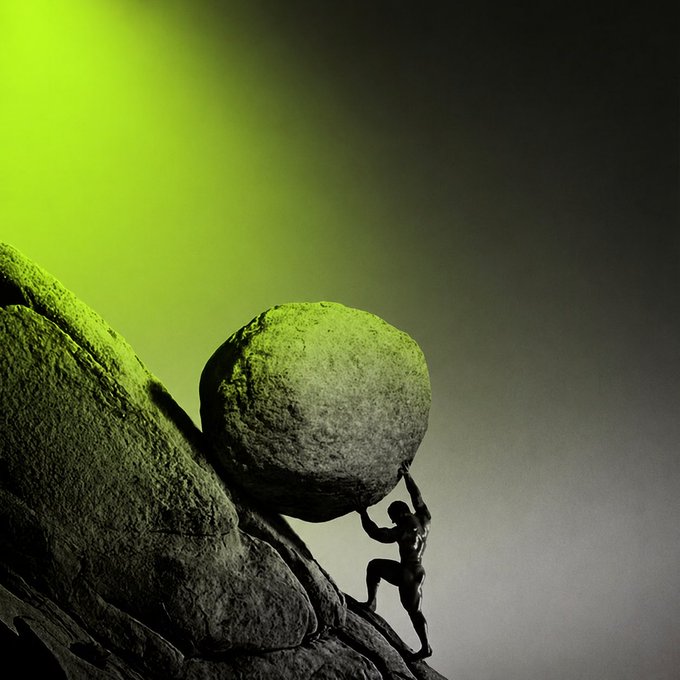 The image features a man standing on top of a rock, holding a large boulder with both hands. The background shows a dark gray sky, which contrasts with the bright green color of the boulder. There are no other people or objects visible in the photo. The caption at the bottom of the image reads "$FET and $PLUME @ASI_Alliance".
