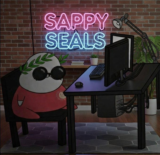 An animated illustration of a cute round seal character with glasses and a laurel wreath sitting at a computer desk in front of a neon 'SAPPY SEALS' sign.