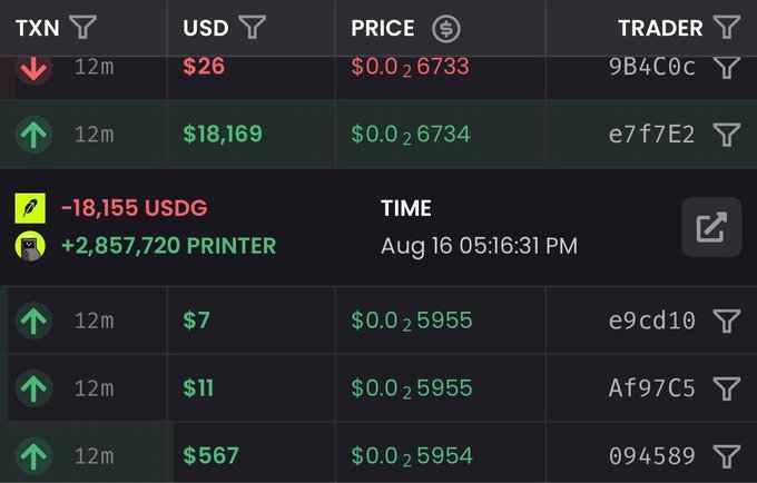 A live transactions table showing recent $PRINTR token purchases and sales on what appears to be a Bitcoin Ordinals marketplace, with trades ranging from $7 to $18,169 USDG at prices around $0.026733-$0.026734, alongside a notable -18,155 USDG and +2,857,720 PRINTER balance change timestamped Aug 16 05:16:31 PM. The image illustrates the volatile trading activity referenced in the post about "clippin 20Gs" on $printer.