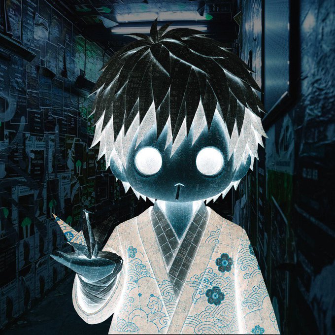 A dark, atmospheric digital illustration of a character with glowing white eyes and spiky black-and-white hair, wearing a floral patterned kimono and holding a pen in a cyberpunk-style alleyway.