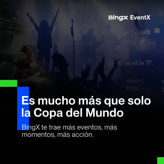A dark promotional graphic for "BingX EventX" features silhouettes of cheering concertgoers and a band performing on stage, with overlaid text reading "Es mucho más que solo la Copa del Mundo" and "BingX te trae más eventos, más momentos, más acción." The image visually reinforces the post's message that BingX offers trading opportunities on major global events beyond just soccer, spanning entertainment, politics, and markets.