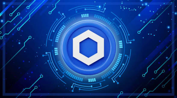 A blue digital graphic featuring a central white hexagon surrounded by glowing circuit-like patterns and technological accents.