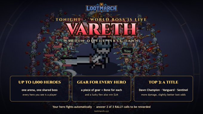 An announcement for 'LOOTMARCH' featuring a world boss named 'VARETH - WARDEN OF THE FIRST DAWN' with details about a rally event.