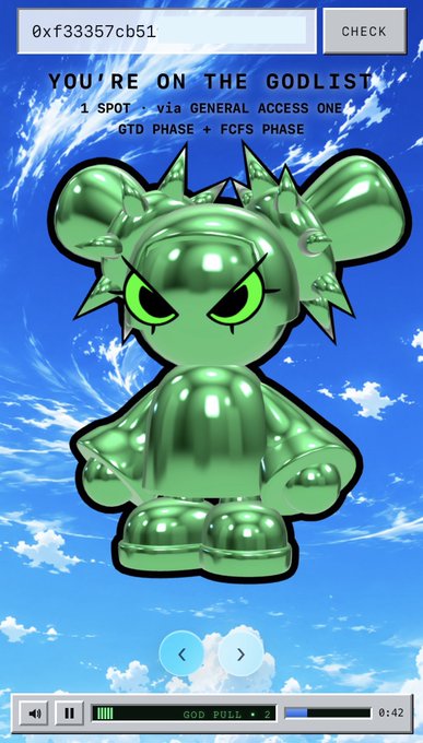 A glossy green cartoonish character with spiky hair buns and angry eyes displayed against a blue sky background, with text reading 'YOU'RE ON THE GODLIST' and 'GTD PHASE + FCFS PHASE'.