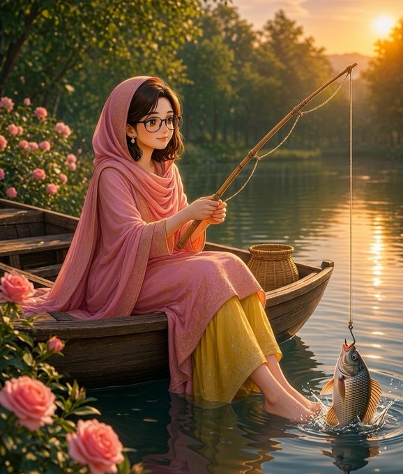 A digital illustration of a woman wearing a pink hijab and yellow dress, sitting in a wooden boat on a lake while fishing, with a fish hooked on her line and pink roses in the foreground.