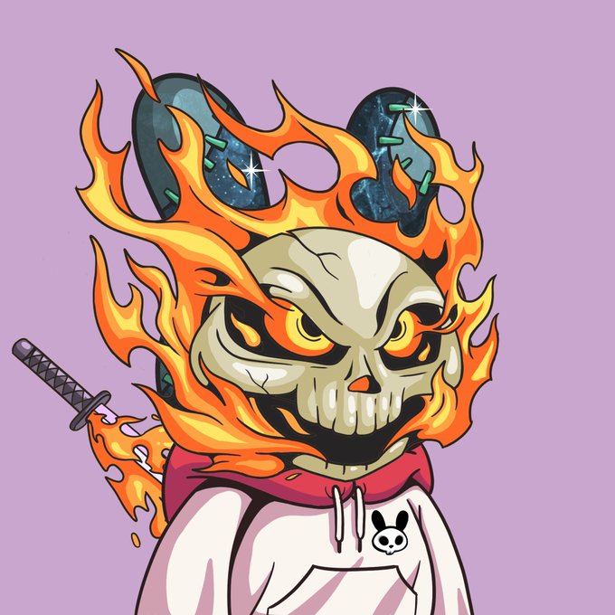 A digital illustration of a character with a flaming skull face, glowing eyes, and a sword, wearing a white hoodie with a small bunny logo on a purple background.