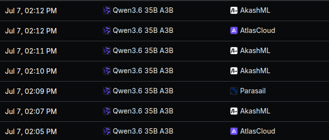 A list of log entries timestamped from 02:05 PM to 02:12 PM on July 7, showing 'Qwen3.6 35B A3B' model runs across providers AkashML, AtlasCloud, and Parasail.